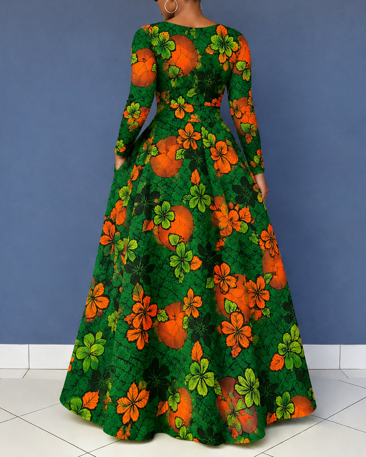 Women's African Ankara Floral Print V Neck Long Sleeve Maxi Dress