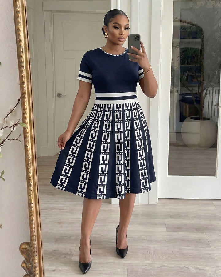Navy Blue Playful Geometric Stripes Round Neck Long Sleeves Midi Dress