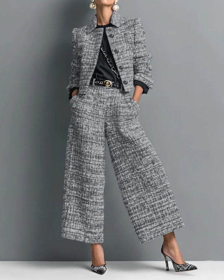 Women Tweed Lapel Long Sleeve Cropped Jacket & High Waist Wide Leg Pants 2 Piece Outfit Set