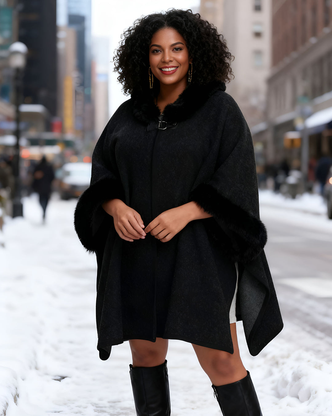 Imitation Rex Rabbit Fur Collar Hooded Shawl Poncho Large Size Woolen Coat