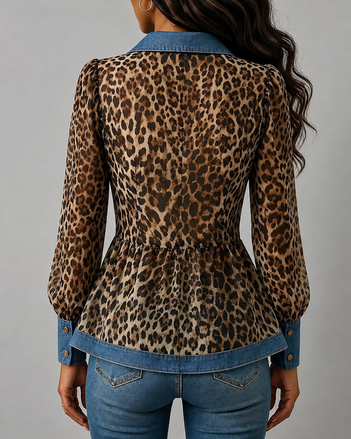 Denim Patchwork Leopard Print Button Jacket