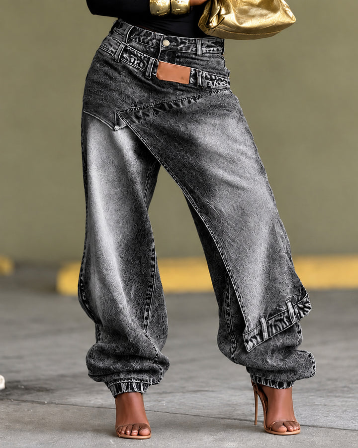 Women's Asymmetrical Wrap Layered Baggy Jeans