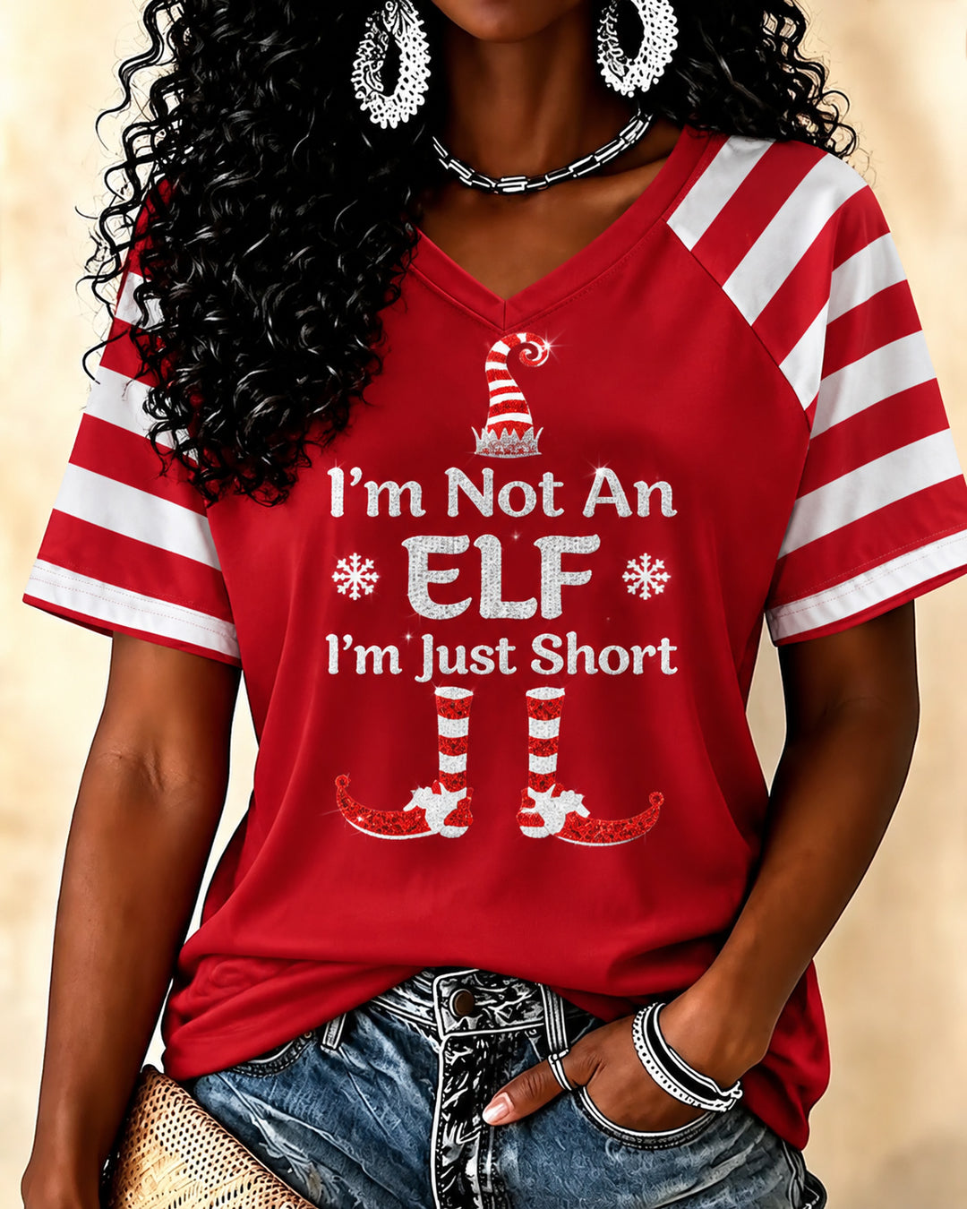 Fun Christmas Cartoon Print V-Neck Short Sleeve Tshirt