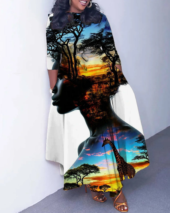 Crew Neck Girl African Grassland Art Long Sleeve Pockets Maxi Dress