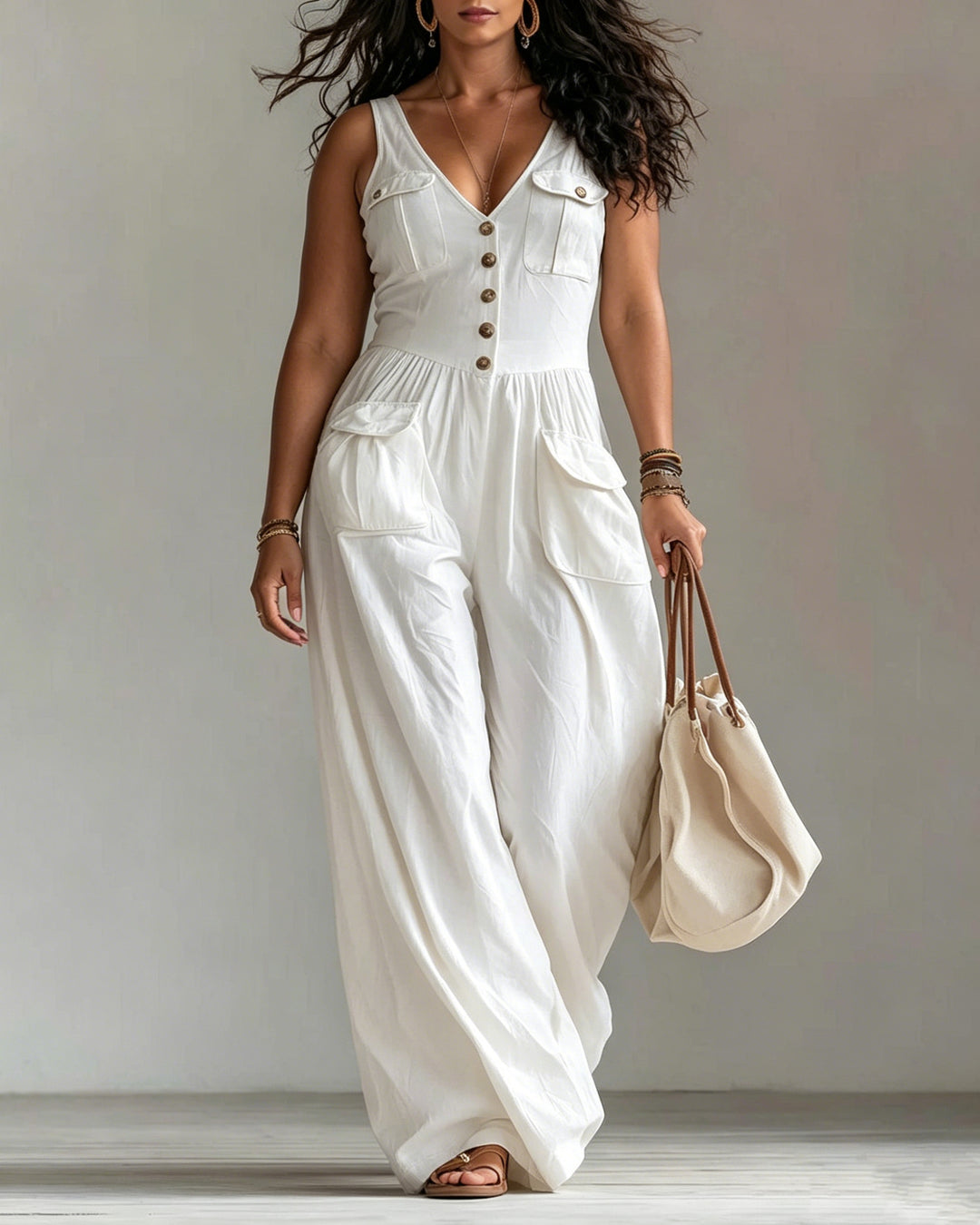 V-neck Sleeveless Wide-leg Jumpsuit with Pockets