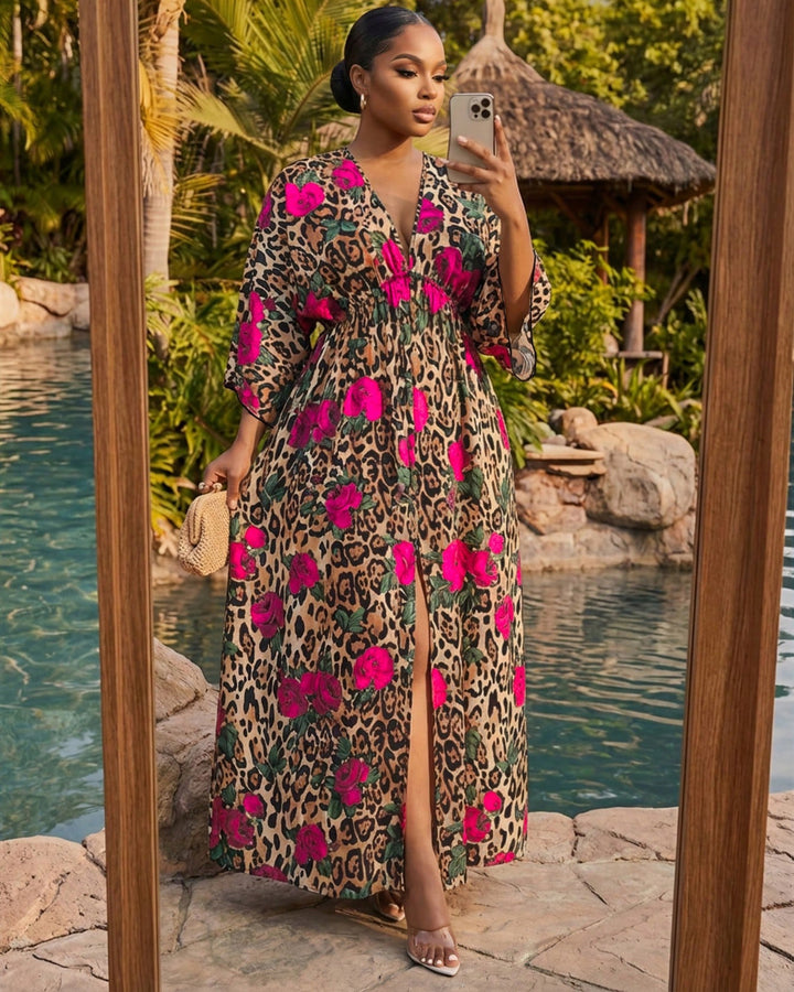 Classic Leopard Print Rose Deep V-Neck Slit Thigh Vacation Dress