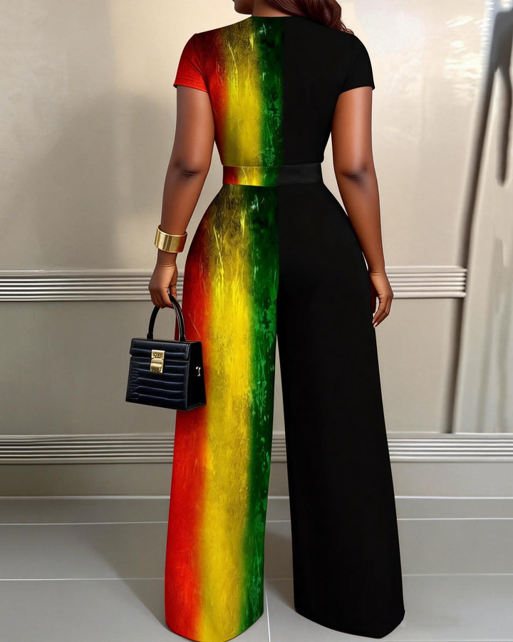 Gradient Color Contrast 2pcs Set Wide Leg Jumpsuit