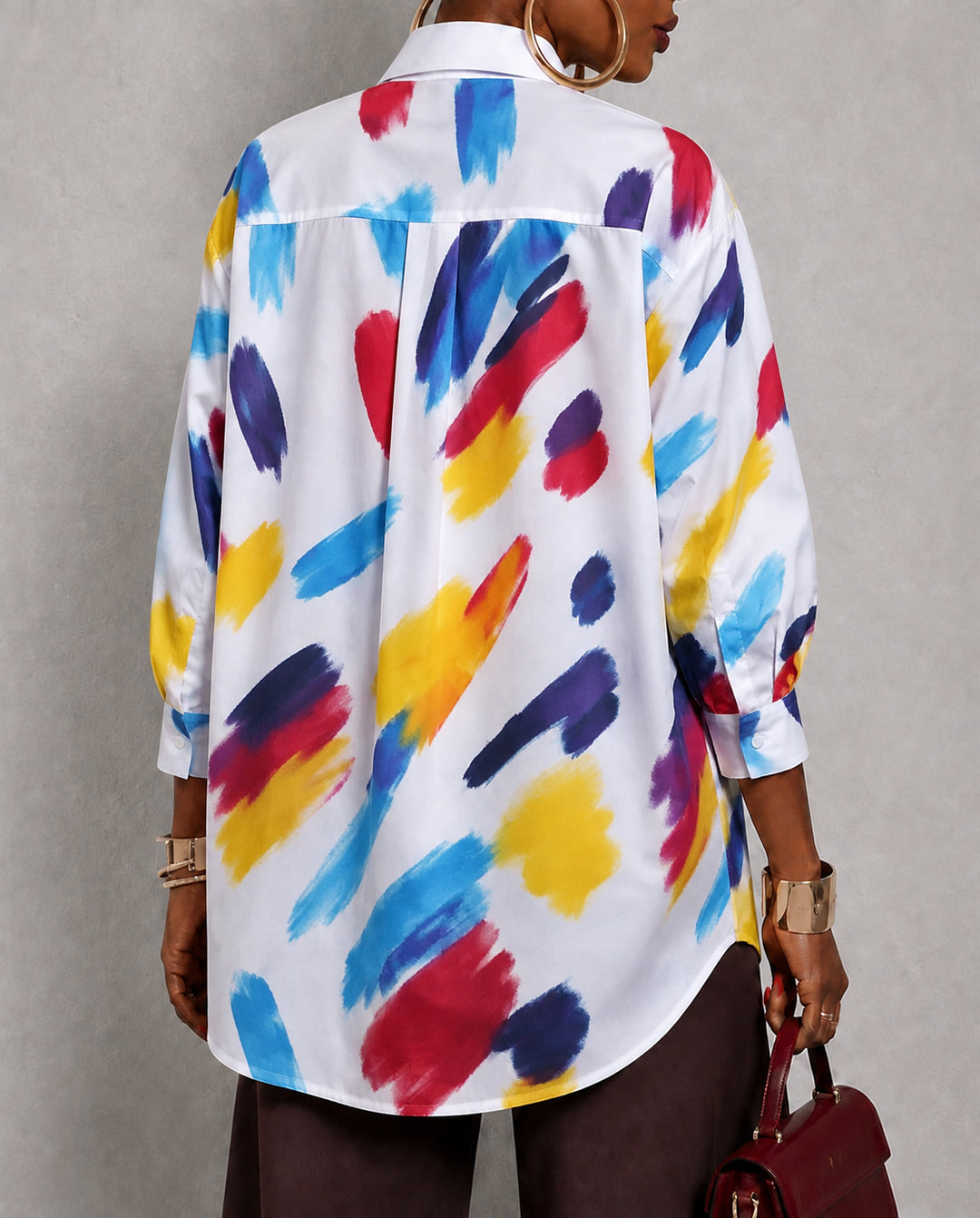 Abstract Oil Painting Prints Loose Three-Quarter Sleeves Buttoned Lapel Blouses&Shirts Tops