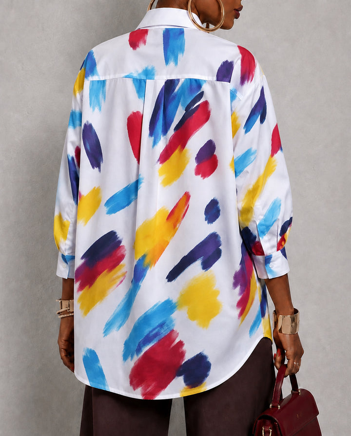 Abstract Oil Painting Prints Loose Three-Quarter Sleeves Buttoned Lapel Blouses&Shirts Tops