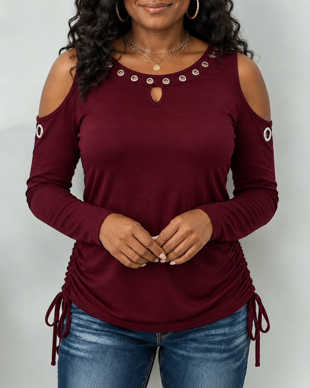 Women's Cold Shoulder  Metal Eyelet Long Sleeve Top