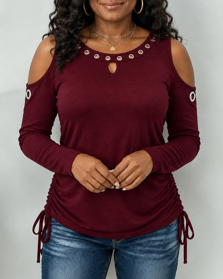 Women's Cold Shoulder  Metal Eyelet Long Sleeve Top