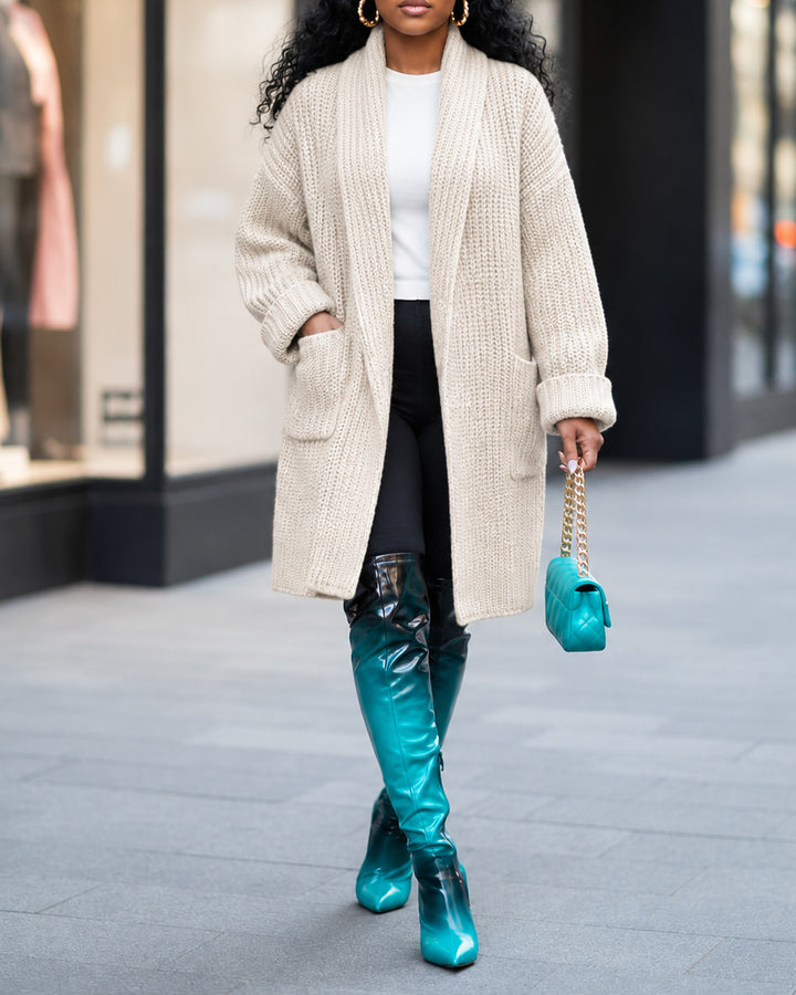 Long Open-Front Oversized Women’s Knit Cardigan with Pockets