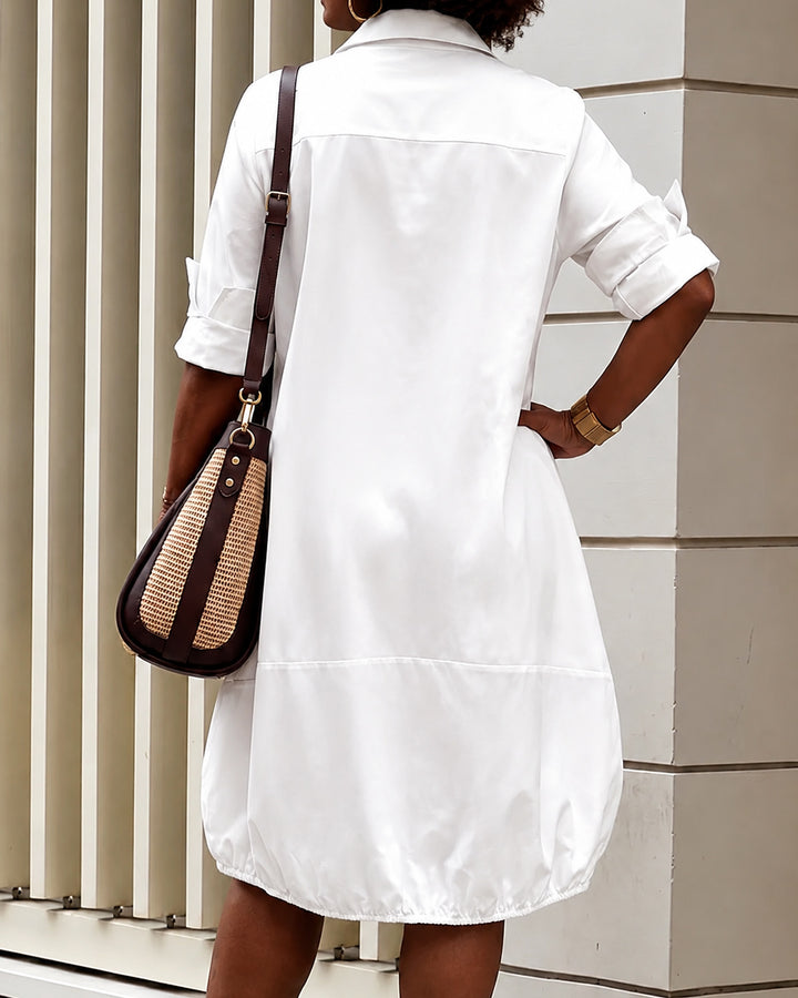 Fun Oil Painting Prints Long Sleeves Loose Buttoned Pockets Lapel Midi Dresses
