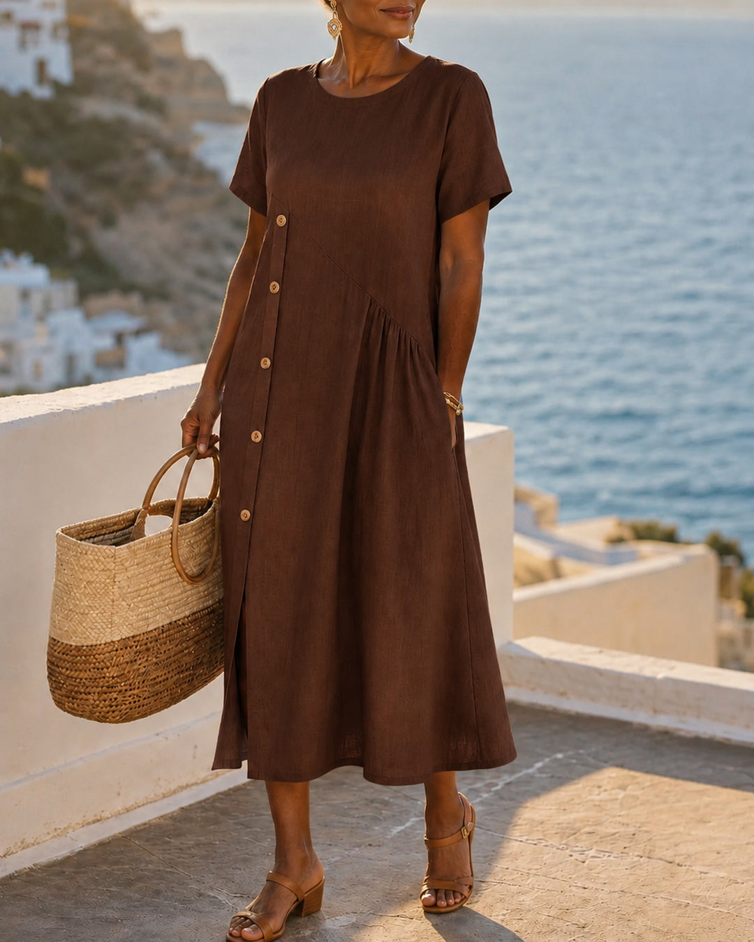 Cotton-Linen Asymmetric Button Midi Dress