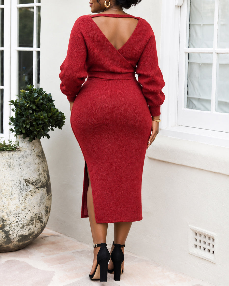 Women's Wrap V Neck Midi Knit Dress