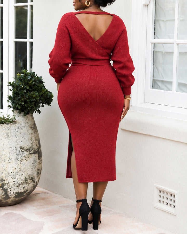 Women's Wrap V Neck Midi Knit Dress