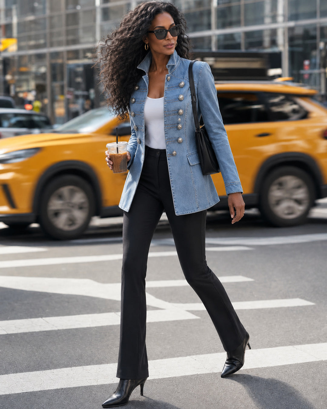 Women's Military Style Stand Collar Double Breasted Denim Jacket