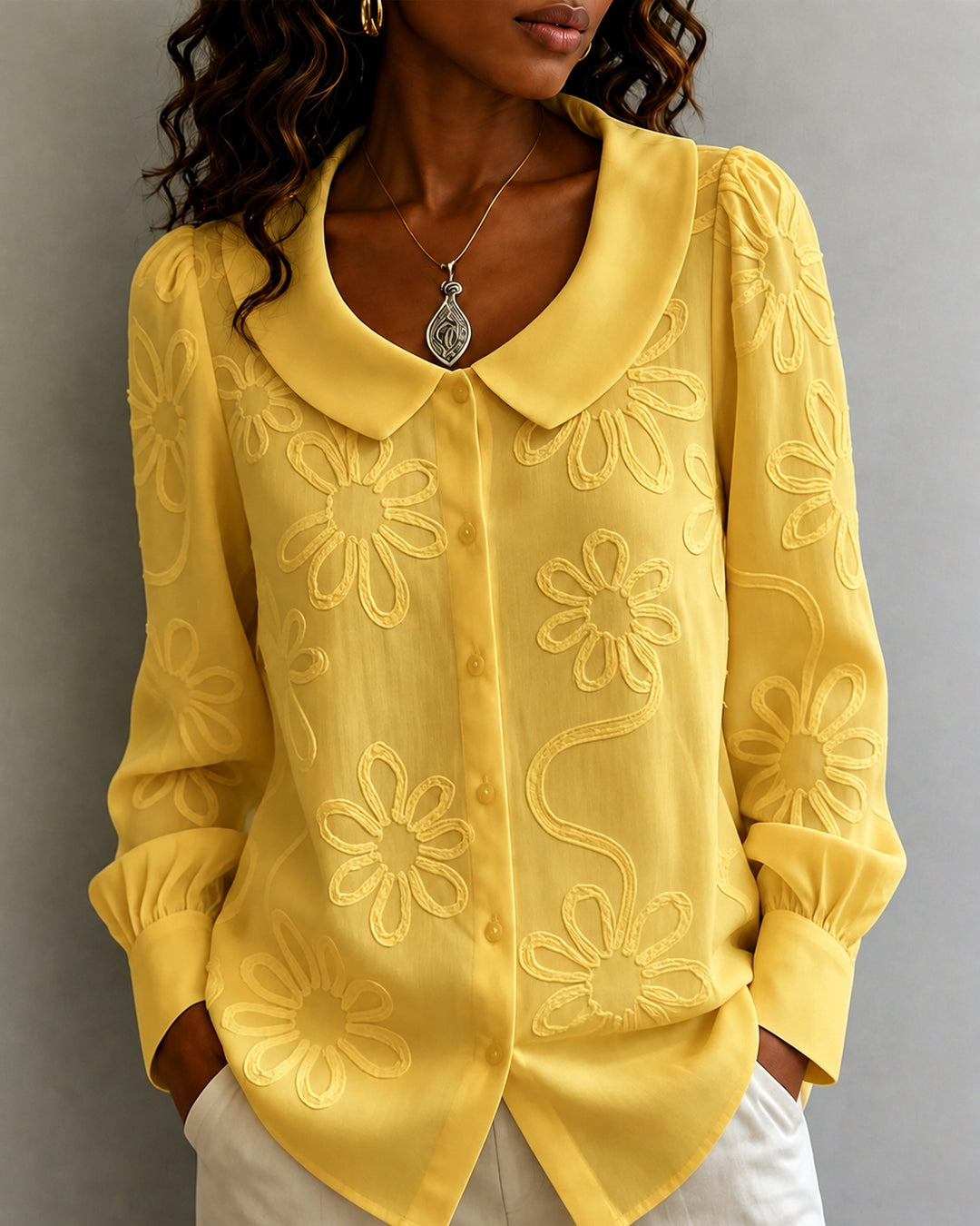 Peter Pan Collar Long Sleeve Embroidered Button Down Shirt