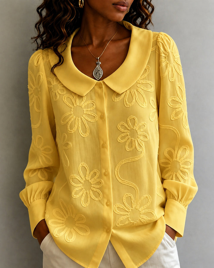 Peter Pan Collar Long Sleeve Embroidered Button Down Shirt