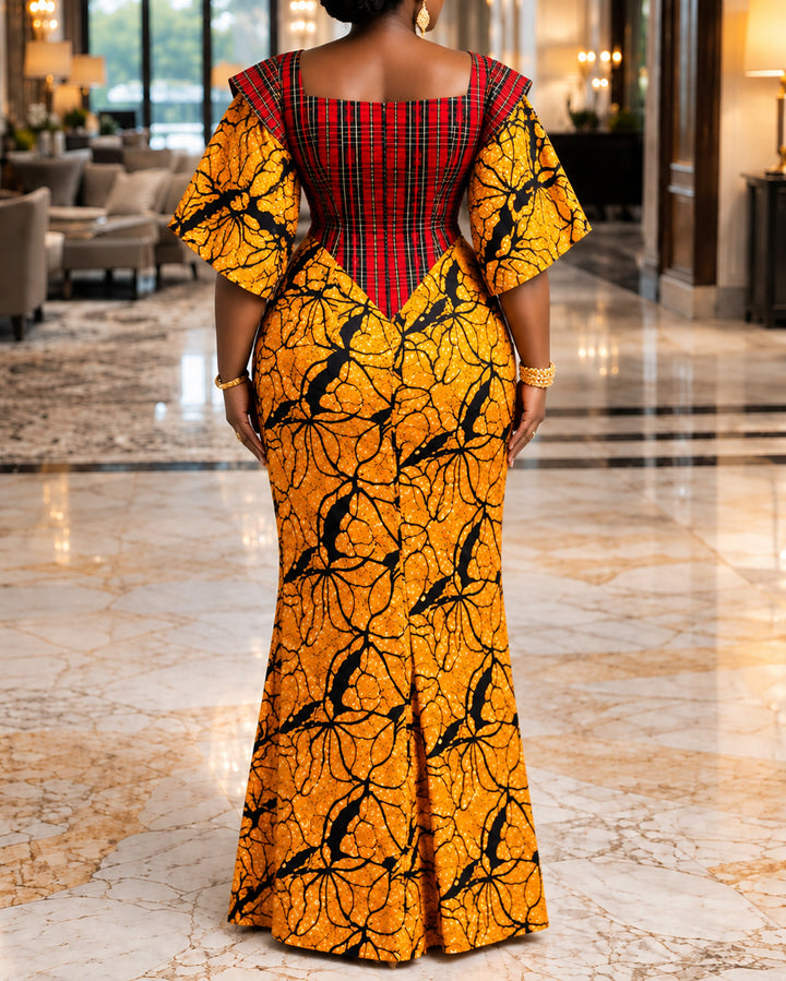 Square Neck Flutter Short Sleeve Mixed Print Mermaid Formal Party Gown