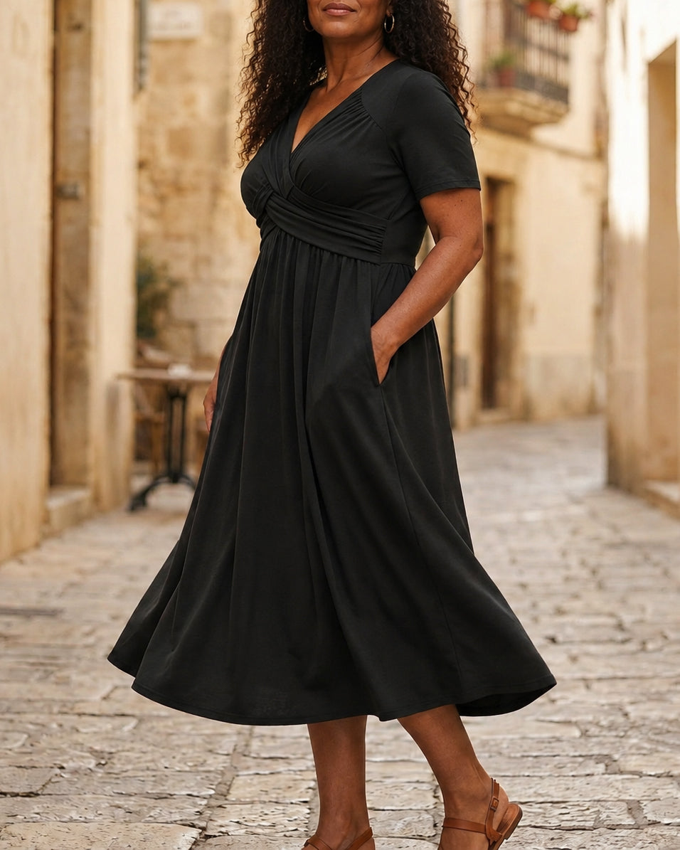 Rossover V-Neck Midi Dress with Pockets