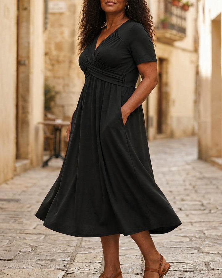 Rossover V-Neck Midi Dress with Pockets