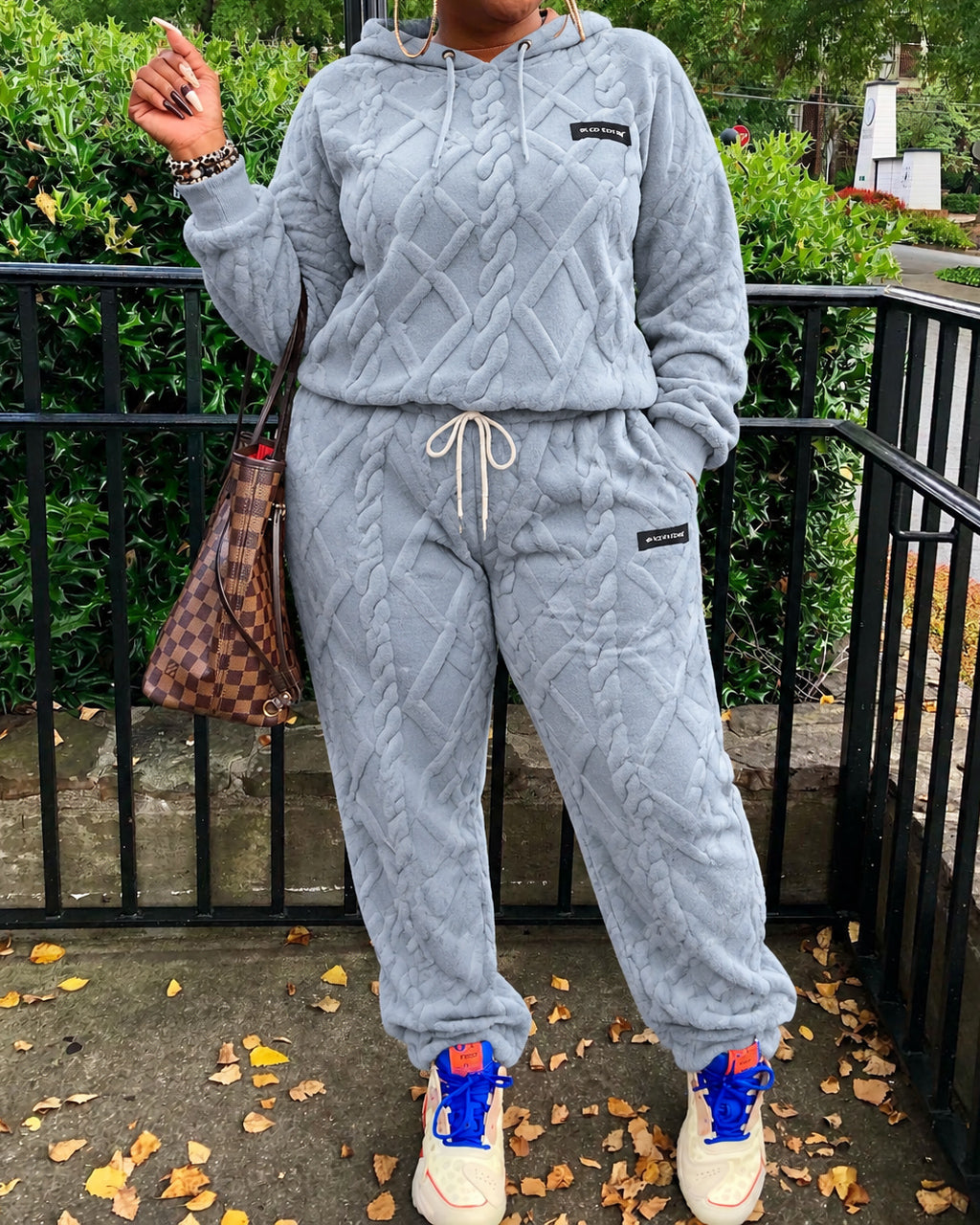 Women Cable Textured Fuzzy Hoodie Sweatpants Set