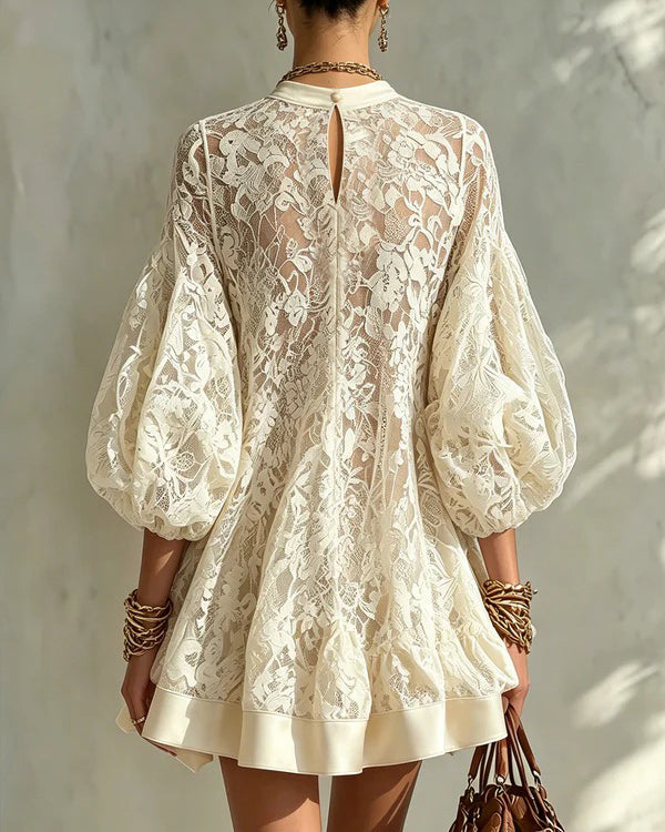 Puffed Sleeve See-through Lace Frill Mini Dress