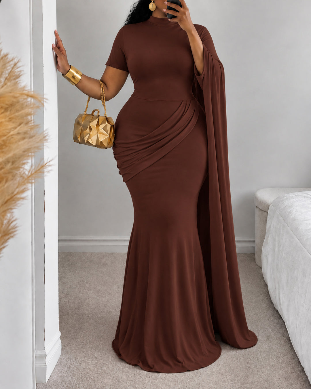 Mock Neck Cape Sleeve Ruched Evening Party Gown