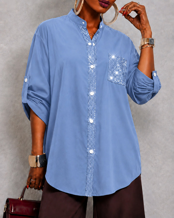 Semi-stand Collar Sequined Pocket Button-down Shirt