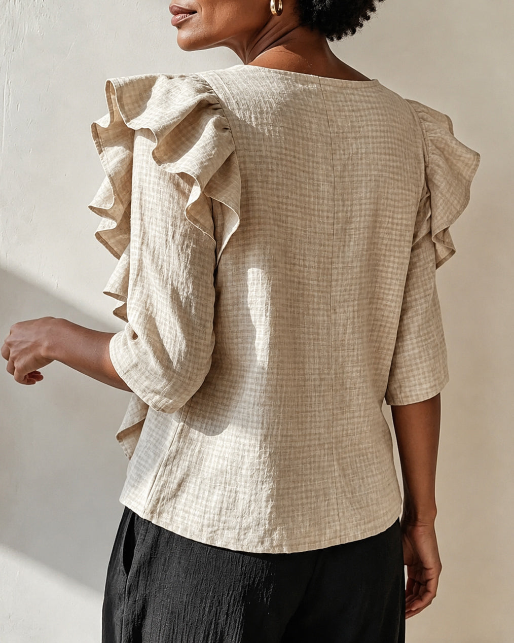 Cotton Linen V-neck Ruffled Loose Mid-length Sleeve Shirt
