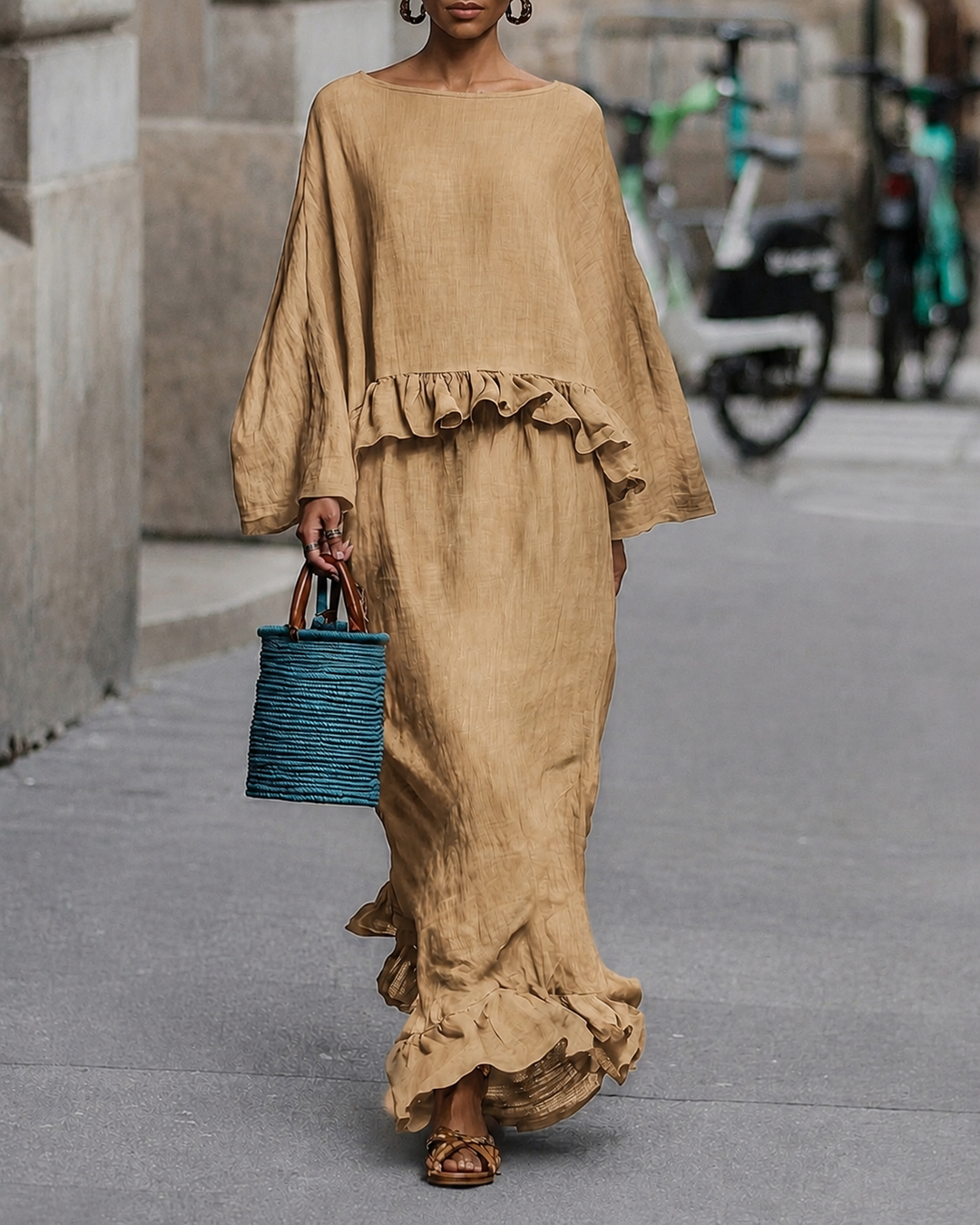 Linen‑Look Ruffle Two‑Piece Set, Boat Neck Bell Sleeve Top & Maxi Skirt