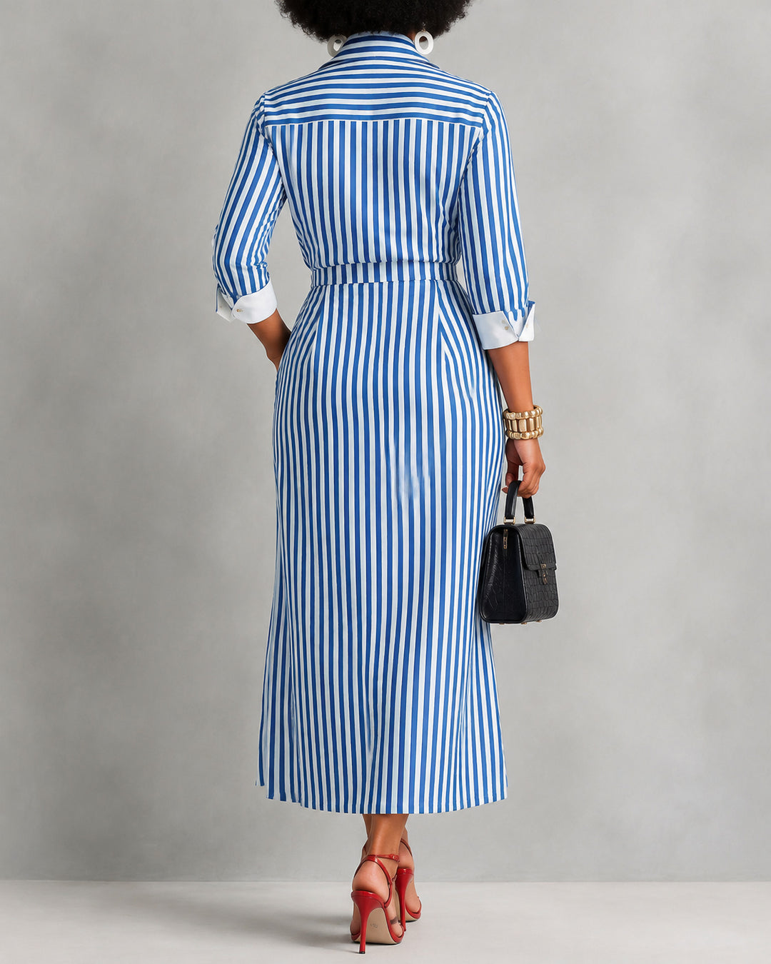Women's Blue And White Cotton Striped Shirt Dress