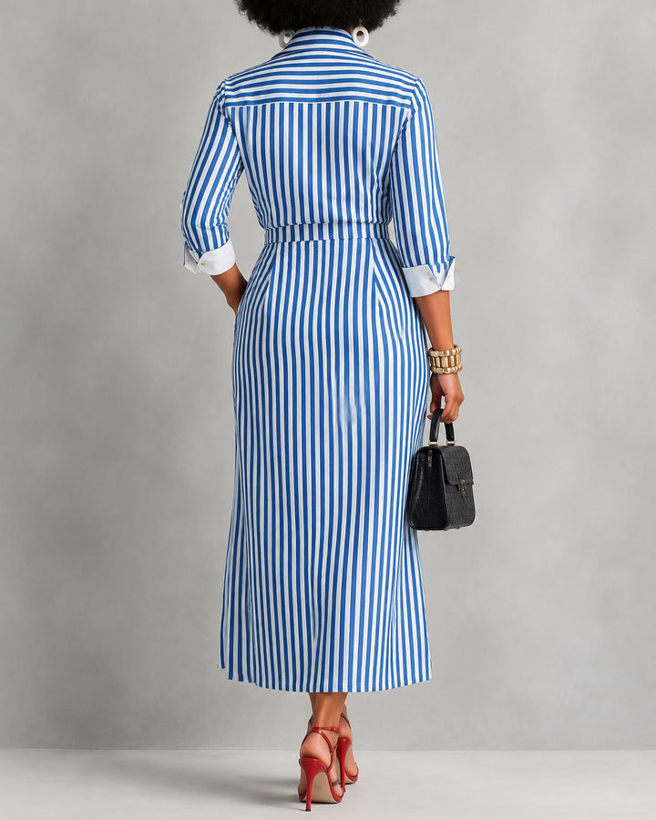 Women's Blue And White Cotton Striped Shirt Dress