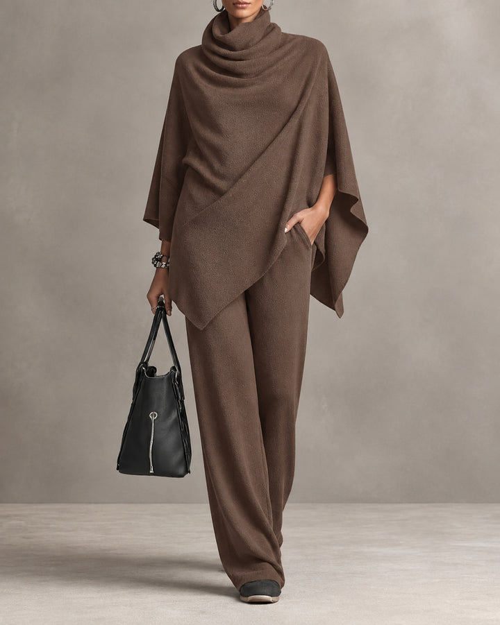 Cowl Neck Asymmetric Draped Poncho Top and Wide Leg Pants