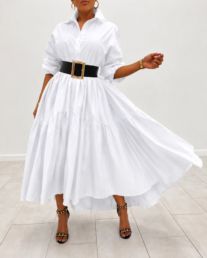 Collared Balloon Sleeve Tiered Ruffle Flowy Maxi Shirt Dress
