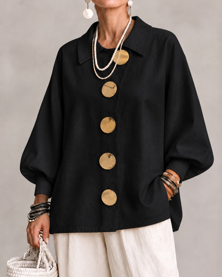 Women's Collared Shirt Oversized Balloon Long Sleeve Blouse with Large Decorative Buttons