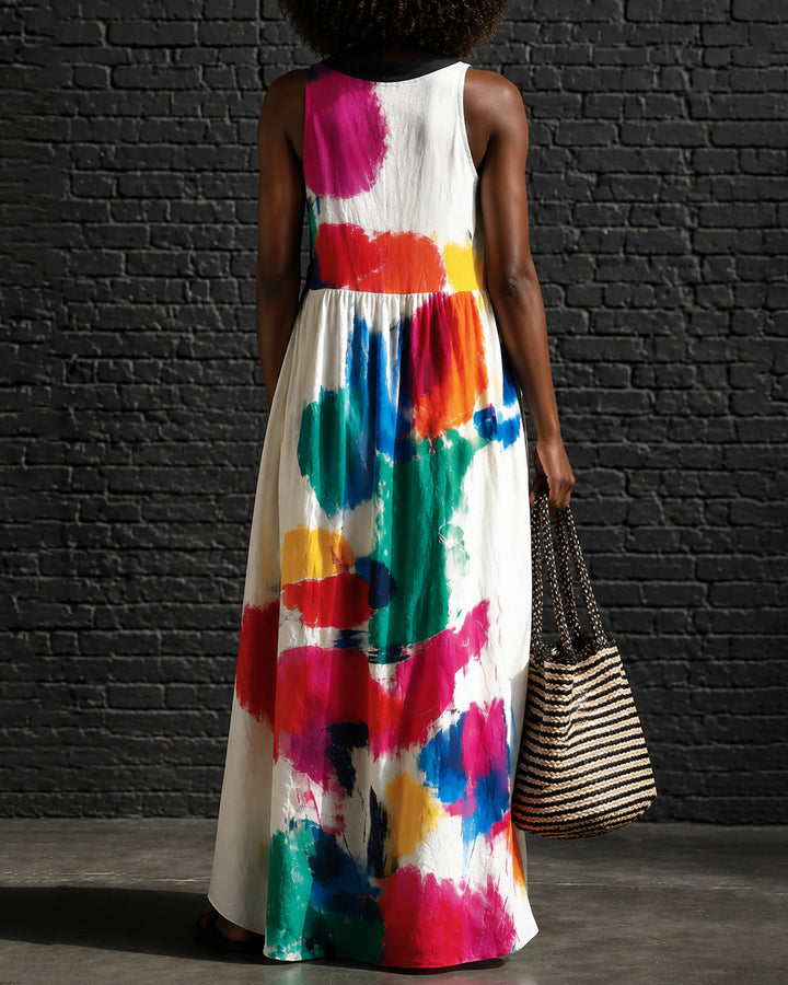 Irregular Colored Oil Painting V-Neck Bow Tie Strap Flared Maxi Dress