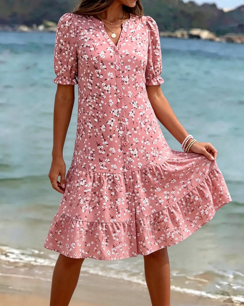 V-Neck Button Placket Puff Sleeve Spliced Floral Dress