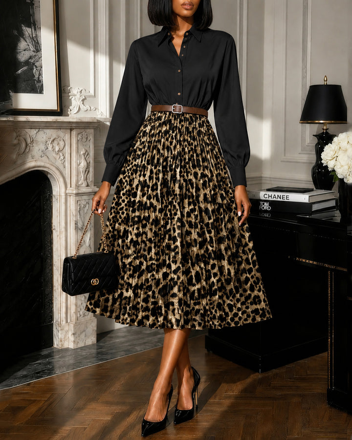 Leopard-print Long Sleeve Button Down Panel Pleated Midi Dress