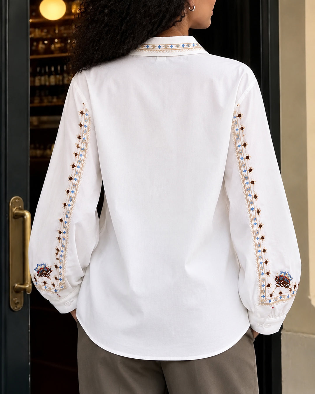 Bohemian Embroidered Collared Long Sleeve Shirt