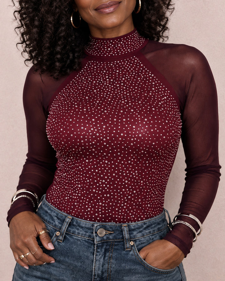 Mock Neck Spliced Mesh Rhinestone Sheer Long Sleeve Top