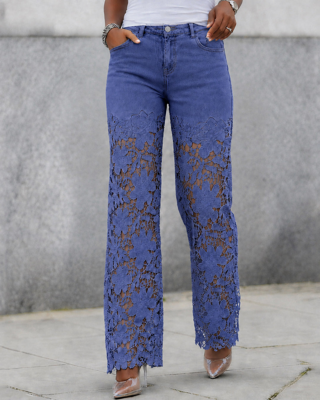High Waist Lace Spliced Wide Leg Jeans