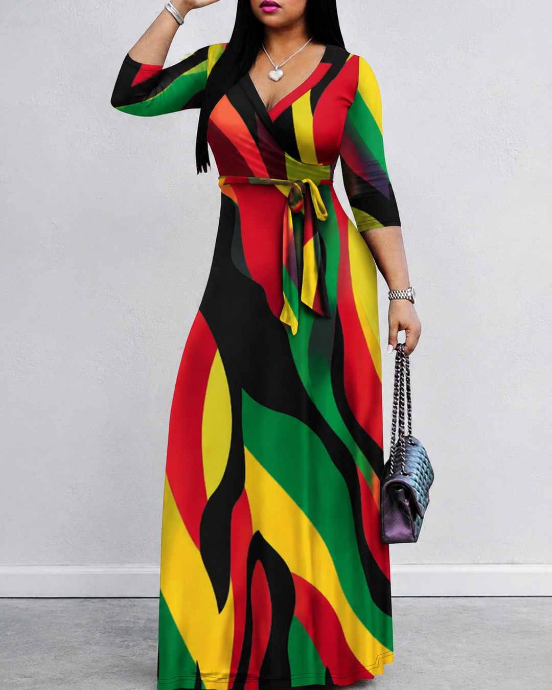 Reggae Color-Clashing Ripple Print V‑Neck Tie‑Strap Maxi Dress
