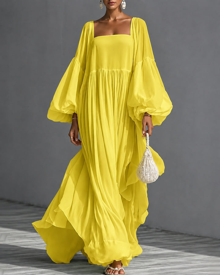 Square Neck Balloon Sleeve Chiffon Maxi Dress