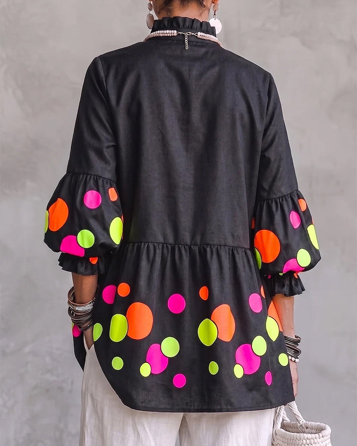 Boho Neon Polka Dot Ruffled Blouse