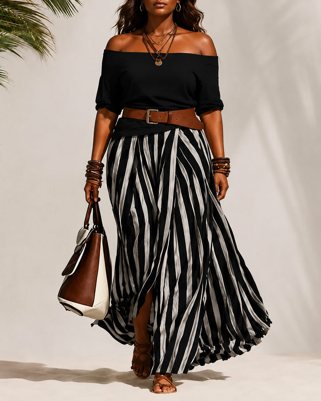Off Shoulder Puff Sleeve Top & Striped Midi Skirt Two-Piece Set Includes Belt