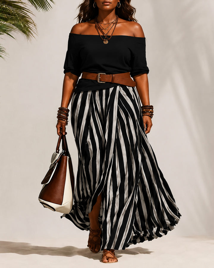 Off Shoulder Puff Sleeve Top & Striped Midi Skirt Two-Piece Set Includes Belt