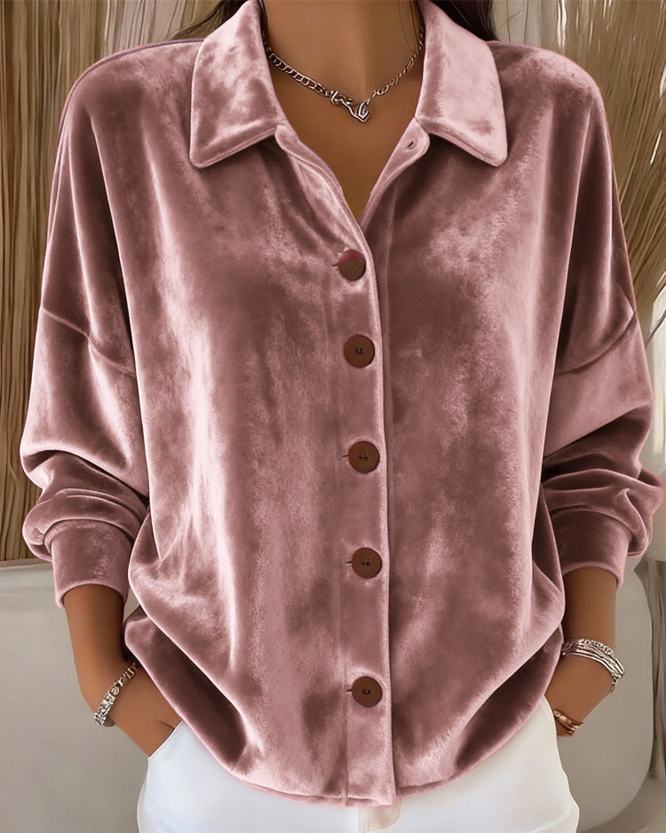 Lapel Button-down Long Velvet Sleeve Blouse