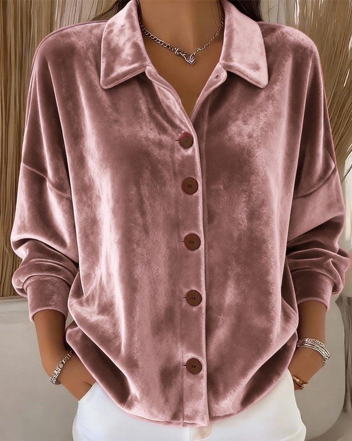 Lapel Button-down Long Velvet Sleeve Blouse